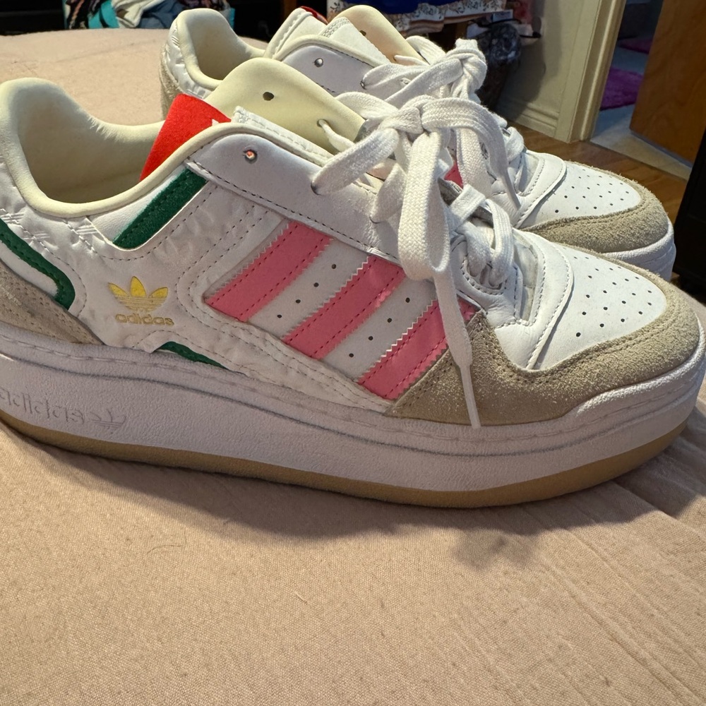 Adidas White Sneakers with Pink and Green Accents
